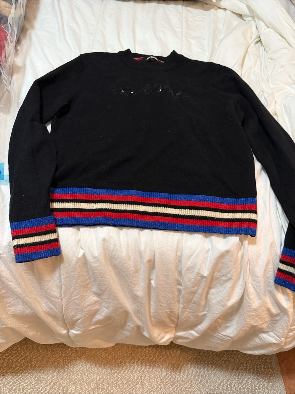 Size Medium $25 Desigual Black Crewneck Sweater with Blue, Red and Cream Trim
